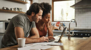 Cropped shot of a couple using their laptop and going through paperwork at home